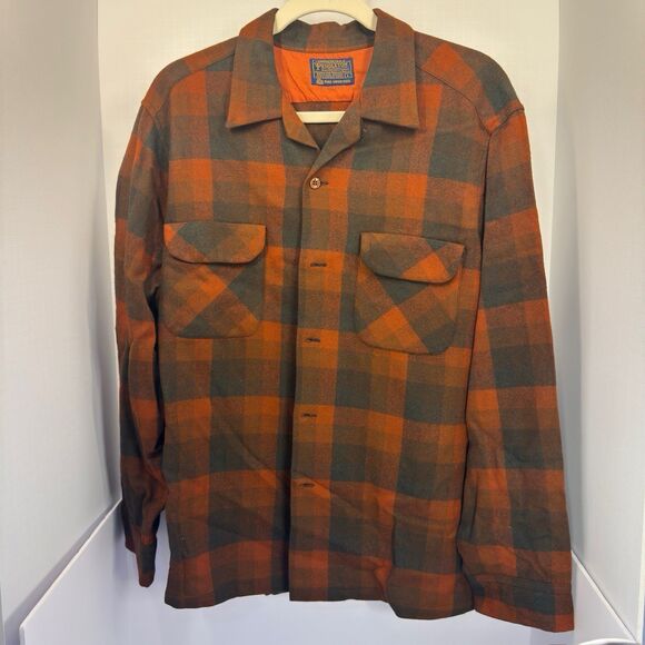 PENDLETON 60s Long Sleeve Shirt Open Collar L Wool ORN Check - Picture 1 of 5